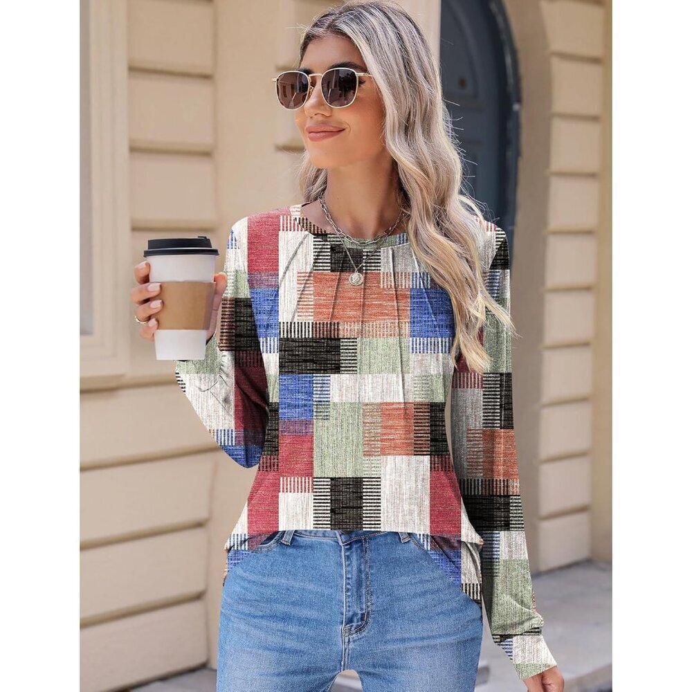 Women's Long Sleeve Tops Crew Neck Pleated Casual Blouses Fall Clothes - Picture 2 of 5